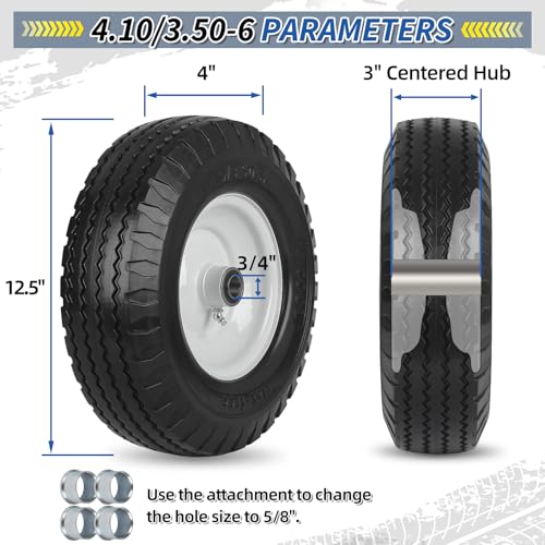 4.10/3.50-6 Flat Free Tire and Wheel, 12" Solid Wheel, 3"-3.5''-4.5'' Centered Hub, and 3/4" & 5/8" Bearings, Replacement for Lawnmower, Wheelbarrow, All Purpose Utility Tire on Wheel