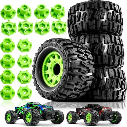STMU 12mm/14mm Hex RC Wheels & Tires Set for 1/10 RC Trucks - Compatible with Traxxas Rustler, Stampede, Hoss 2WD/4X4 VXL, Arrma, Redcat, RIAARIO, AMORIL Green, 4PCS - color: Green
