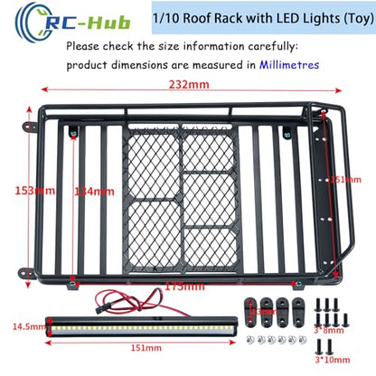 RC-Hub 1/10 Scale Roof Rack Luggage Carrier with LED Lights Bar 232 * 153mm RC Upgrade Parts for 1/10 Axial SCX10 SCX10 II III Wrangler 90046 AXI03007 RC Crawler Car | 232 * 153mm Luggage Carrier,White Lights Bar,RC Upgrade Parts