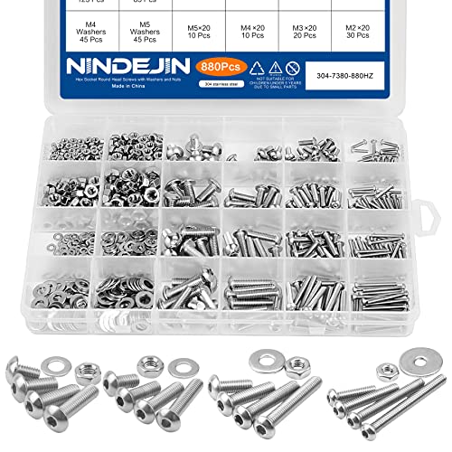 NINDEJIN Metric Button Head Socket Cap Screw Bolts & Flat Washers & Nuts Assortment Kit M2 M3 M4 M5 Stainless Steel Machine Screws Set and Wrench, 880 PCS - size: 880 Hex Round Head Socket Screws Nuts