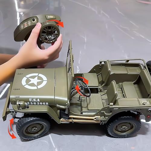 1/10 Scale RC Military SUV, Remote Control 4WD Off-Road Vehicle with Alloy Frame Chassis, Army Vehicle with Opening Hood and Folding Windshield, 2 Batteries - color: Rc Car +2 Battery