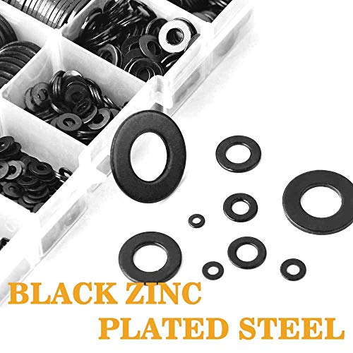 VIGRUE 684Pcs Metric Flat Washers Assortment Kit, M2 M2.5 M3 M4 M5 M6 M8 M10 M12 Black Washers for Screws, Zinc Plated Alloy Steel