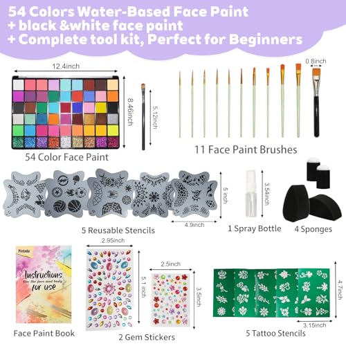 54 Color Face Painting Kit - Non-Toxic Water Based Face and Body Paint Set with Brushes, Stencils, Sponges - For Sensitive Skin, Halloween, Carnival, Birthday Parties, Festivals & Events. - color: 54 Color Face Painting Set