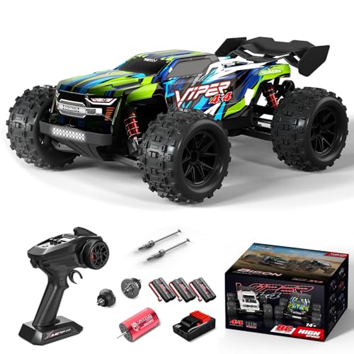 Brushless RC Cars for Adults, 1/16 Scale RC Truck, 55KM/H High Speed Remote Control Car, 2.4GHz 4WD All Terrains Off-Road RC Monster Truck with LED Light and 3 Rechargeable Batteries (Green) - size: 3 Batteries
