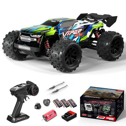 Brushless RC Cars for Adults, 1/16 Scale RC Truck, 55KM/H High Speed Remote Control Car, 2.4GHz 4WD All Terrains Off-Road RC Monster Truck with LED Light and 3 Rechargeable Batteries (Green) - size: 3 Batteries