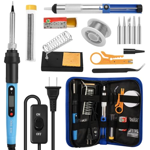 FEITA Soldering Iron Kit for Electronics, 14 in 1 Welding Tools Kit with Switch 80W LCD Adjustable Temperature Solder Iron, 2 Solder Wire, Flux, 5 Soldering Tips, Desoldering Pump, Stand, Tweezers - color: 80w 14in1