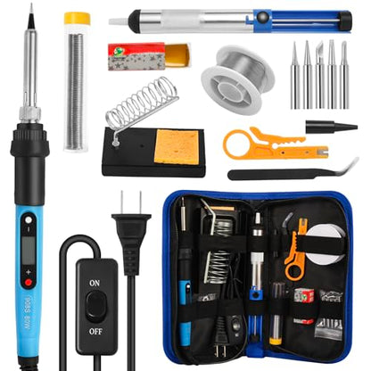 FEITA Soldering Iron Kit for Electronics, 14 in 1 Welding Tools Kit with Switch 80W LCD Adjustable Temperature Solder Iron, 2 Solder Wire, Flux, 5 Soldering Tips, Desoldering Pump, Stand, Tweezers - color: 80w 14in1