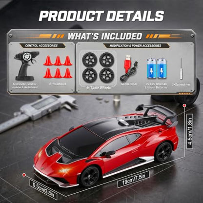 YESHIN 1：24 Lamborghini Haracan Drifting Car Gray, Lamborghini Toy Car, RC Cars for Boys Age 8-12, 2.4GHz Remote Control Car with Light - color: A-red