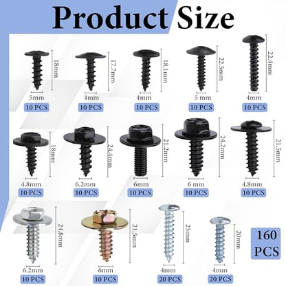 Metal Car Screw Body Bumper Hood Retainer Clips 160 PCS 14 Sizes | with Phillips Round Head Self Tapping Screw Assortment Kit, Automotive Trim Screws Compatible with GM Ford Porsche Toyota