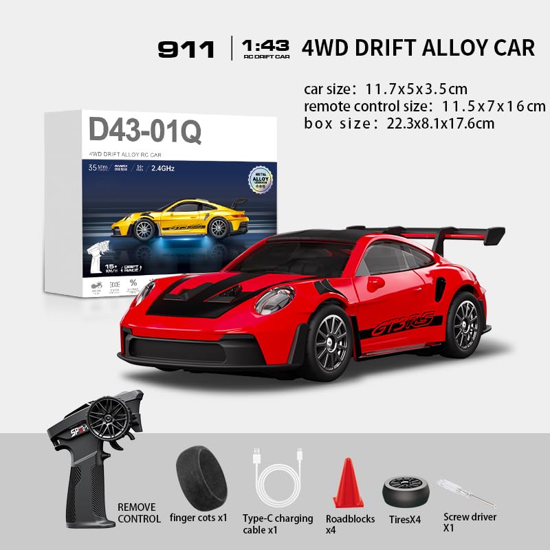 1:43 RC Drift Car 20KM/H with Gyro, 2.4G 4WD Full Proportional Alloy Sport Racing Car, Adjustable Speed, LED Lighting for Teens & Adults-D43-01 - color: Q2/Red