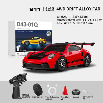 1:43 RC Drift Car 20KM/H with Gyro, 2.4G 4WD Full Proportional Alloy Sport Racing Car, Adjustable Speed, LED Lighting for Teens & Adults-D43-01 - color: Q2/Red