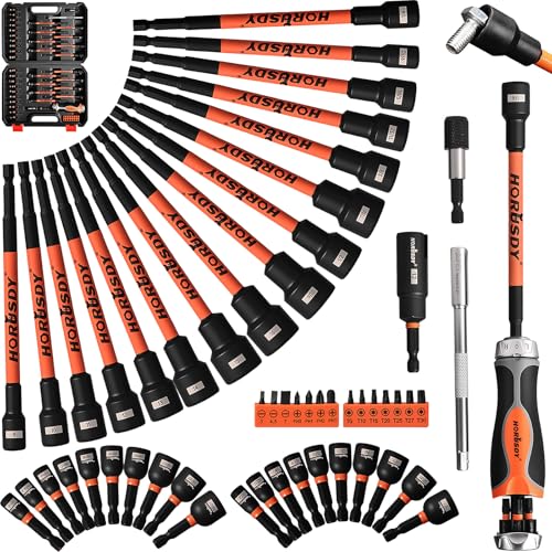 HORUSDY 59pcs Magnetic Nut Driver Set with 6-in-1 Ratcheting Screwdriver Handle, SAE & Metric 1/4 Inch Hex Shank Socket Set for Impact Drill with Quick-release Bit Holder and Extension Bar - style: New-Version