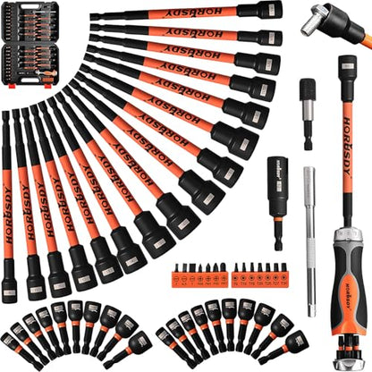 HORUSDY 59pcs Magnetic Nut Driver Set with 6-in-1 Ratcheting Screwdriver Handle, SAE & Metric 1/4 Inch Hex Shank Socket Set for Impact Drill with Quick-release Bit Holder and Extension Bar - style: New-Version