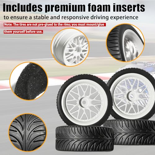 OD 2.55" On Road Rubber Tires Nylon Wheels- 12mm Hex for 1/10 RC Racing Car | Compatible with MJX HSP Tamiya HPI Kyosho Traxxas Sakura Redcat WLtoys 1/10 RC On-Road Racing Touring Car (4pcs, White) - style: E-White