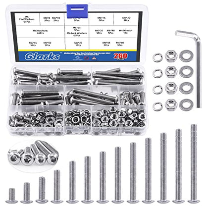 Glarks 260Pcs 13 Size M6 304 Stainless Steel Button Head Screws Hex Socket Cap Screws Bolts and Nuts Washers Assortment Kit with Hex Wrench for Machinery Furniture Car Repair - size: M6 screw assortment kit