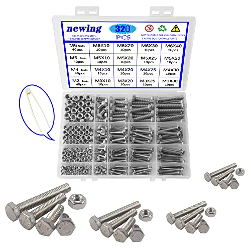 newlng M3 M4 M5 M6 Bolts and Nuts Assortment Kit 320 PCS Metric 304 Stainless Steel Hex Head Cap Screws Bolts and Nuts Assortment Set Fasteners Bolts Kit with Combination Box for Home Fixation Repairs - size: M3456-4