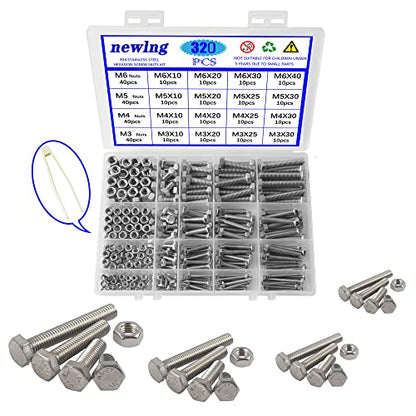newlng M3 M4 M5 M6 Bolts and Nuts Assortment Kit 320 PCS Metric 304 Stainless Steel Hex Head Cap Screws Bolts and Nuts Assortment Set Fasteners Bolts Kit with Combination Box for Home Fixation Repairs - size: M3456-4