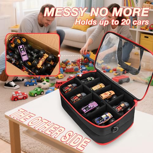 CROTIRAD 1:64 Scale Monster Truck Storage Case, Holds 20+ Die-Cast Vehicles | Carrying Organizer with Removable Dividers, Velvet Lining, Clear PVC Panels, Front Pocket, Shoulder Strap and D-Ring, Black