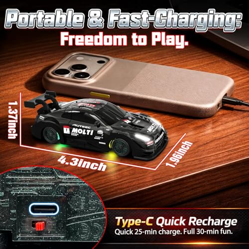 1/43 Mini RC Drift Car with Gyro, 2.4GHz Full Proportional RC Car, 20KM/H Professional High Speed Remote Control Car with Lights, Desktop Drift Car Racing Toy Gifts to Adults Kids Boys - color: Black