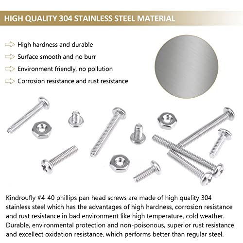 242 Pieces #4-40x 3/16", 1/4", 5/16", 3/8", 1/2", 5/8", 3/4", 7/8", 1", Phillips Pan Head Machine Screws Nuts Assortment Kit, 304 Stainless Steel, Fully Machine Thread - size: #4-40