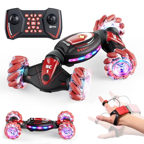 Contixo Kids Large Remote Control Car w/Gesture Sensor, Stunt Car, Red | Gesture Sensor, 4WD 360° Spins, Music, Lights & Spray, Side Drifts, Double-Sided Driving Off-Road Stunt - color: Red