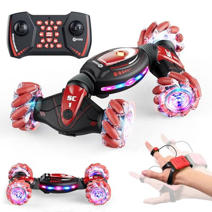 Contixo Kids Large Remote Control Car w/Gesture Sensor, Stunt Car, Red | Gesture Sensor, 4WD 360° Spins, Music, Lights & Spray, Side Drifts, Double-Sided Driving Off-Road Stunt - color: Red