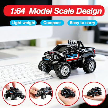 Mini RC Truck, 1/64 Scale Alloy Monster Truck Remote Control Car | 2.4GHz Control, LED Lights, 3-Speed Settings, Cruise Control,Adjustable Steering, Indoor Outdoor Toy for Kids Adults - color: Black