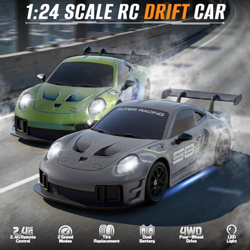 RC Drift Car, 1:24 4WD Remote Control Cars Vehicle with LED Light,2.4GHz 20KM/H High Speed RC Cars with Two Batteries & Drifting Tires Racing Sport Toy for Adults Boys Girls Kids - color: Grey