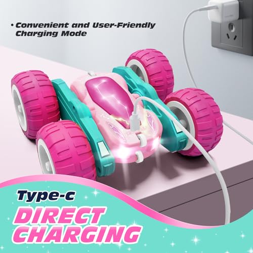 Tecnock Pink Remote Control Car for Girls and Boys, 2.4GHz RC Cars with USB-C Easy Charging, 4WD Double Sided 360° Rotates and Flips RC Stunt Car, Toys Gift for Kids Ages 6-8, 8-12 - color: Pink