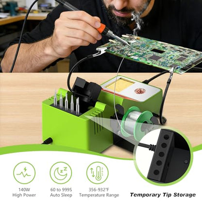 Soldering Station, Digital Display Soldering Iron Station Kit with 2 Helping Hands, 356°F-932°F, Auto Sleep, °C/°F Conversion, Green - color: Green