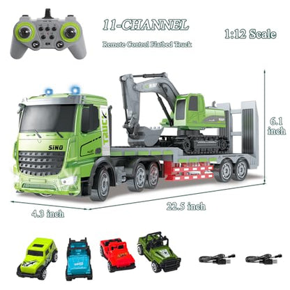 Fistone RC Semi-Trailer Truck & Excavator Toy Set, 1:12 Scale with Sound and Lights, 11CH 2.4Ghz Remote Control Flatbed Truck and Excavator Toys, Great Gift for Kids Boys - style: Flatbed Trailer & Excavator
