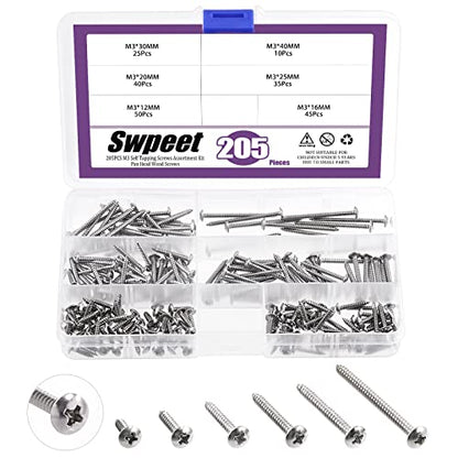 Swpeet 205Pcs #6 x 1/2" to 1-3/5" 304 Stainless Steel Phillips Truss Head Self Tapping Screws Phillips Cross Drive Wood Screws Sheet Metal Screws Assortment Kit for Sheet Metal, Wood, PVC Plastic - size: M3