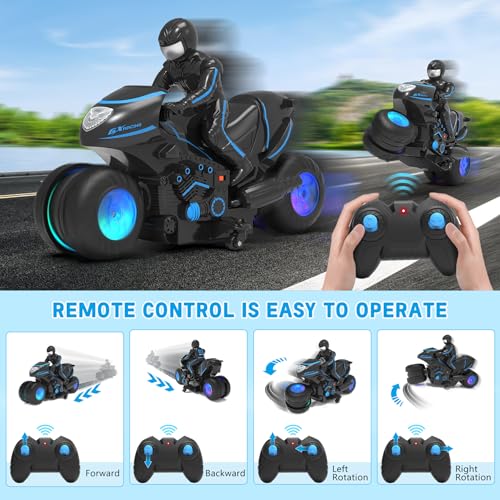RC Motorcycle, Remote Control Motorcycle with RGB Wheels Lights - 360-degree Rotations, Drifts, High-Speed, RC Car Dirt Bike Toy for Boys 4-7 8-12 Years Kids - color: Blue