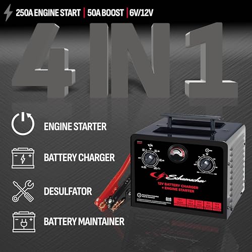 Schumacher Electric 6V/12V Time Controlled Battery Charger & Engine Starter - Precision Controlled Charger with 135-minute Timer & Overload Protection - 250 Cranking Amps & 3 Boost Modes - SC1667