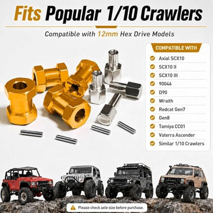 4PCS 12mm Hex Hub 20mm Aluminum Extension Hex for Axial SCX10 D90 90046 | 20mm CNC Wheel Hex Extenders for 1/10 RC Crawlers Redcat Gen7/Gen8 CC01 RC4WD Wider Stance & Tire Clearance with M4 Nuts Pins - color: Gold