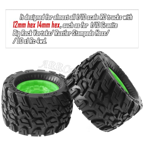 RC Truck Tires Wheel for 1/10 Big Rock Granite Vortek/Stampede Rustler Hoss/L0s1 Rc 4wd,ARRCat RC Wheels Tires 12mm/14mm Hex,Green - color: Green - Tires Wheel