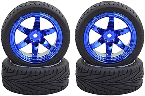 4PCS RC Car Rubber Tires and Plastic Wheels Rims Compatible with 1/10 Scale On Road Touring Racing Flat Drift Car for HSP HPI Tamiya(Blue) - color: Blue