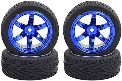 4PCS RC Car Rubber Tires and Plastic Wheels Rims Compatible with 1/10 Scale On Road Touring Racing Flat Drift Car for HSP HPI Tamiya(Blue) - color: Blue