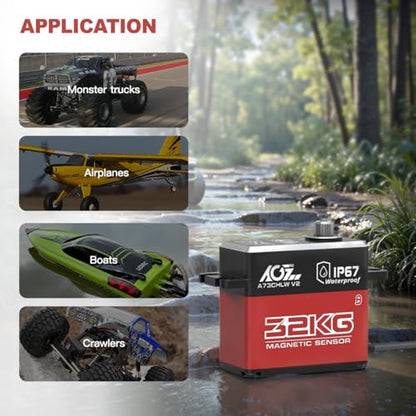 AGFRC 32KG IP67-Waterproof RC-Servo High-Torque - Full Metal Gear Coreless Steering Servo for 1/10 RC Car Boat Crawler, Control Angle 180° (A73CHLW V2) - style: A73CHLW V2