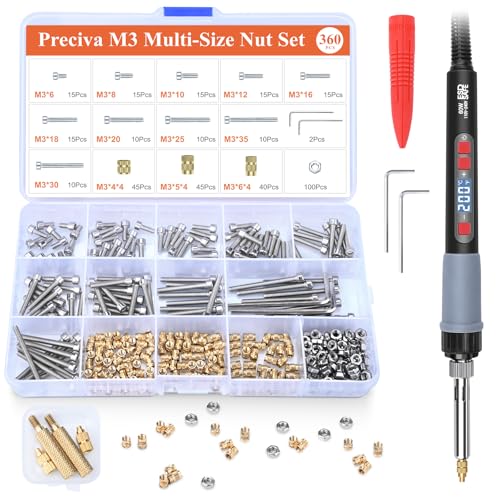 Preciva M3 Threaded Inserts Set, 360Pcs Heat Set Bolts Nuts with M3 Insert Tip and 60W Digital Soldering Iron, for 3D Printer Parts or Plastic Parts - size: M3