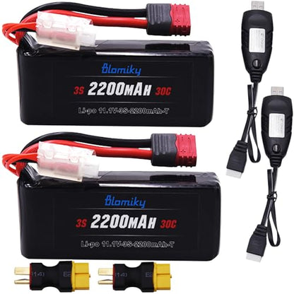 Blomiky 2 Pack 11.1V 3S 2200mAh 30C Shorty Li-PO Rechargeable T Plug Battery with XT60 Converter Suitable for MJX HP141 14209 14210 14301 14211 RC Trucks /3S 2200mAh T Shorty 2