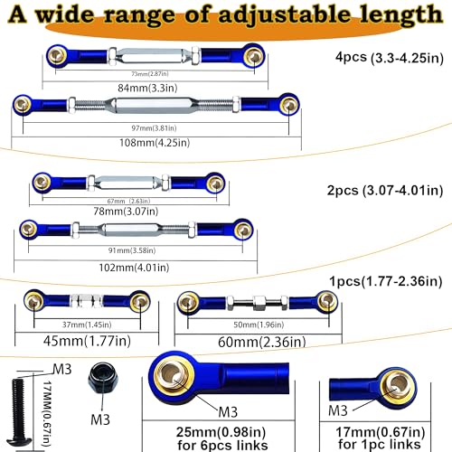 Stainless Steel Turnbuckles Fit for 1/10 Traxxas Slash 4X4 2WD,74-108mm Adjustable Camber Links for Rustler 2WD 4X4,Hoss 4X4,Stampede 4X4,Bandit 2WD 4X4 Upgrades Hop Ups Parts,Navy Blue - color: Navy Blue