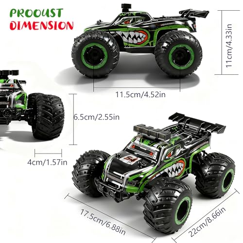 Remote Control Monster Truck for Kids: Off-Road RC Car with Headlights & Body Lights, 1:18, 20 km/h, 2WD, 2.4 GHz, All-Terrain, Rechargeable, High-Speed - Birthday for Boys Ages 4-12