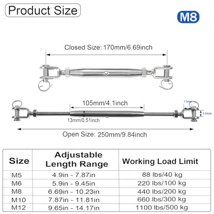 4PCS M5 Jaw and Jaw Turnbuckles for Cables Wire Rope Tension | Made of 304 Stainless Steel, Corrosion Resistant & Easy to Use,440lbs Rated,Industrial Shade Sail Rigging - size: 4PCS-M8-UU