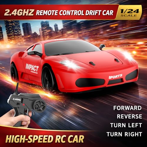 Remote Control Car RC Drift Car 2.4GHz 1:24 Scale 4WD 15KM/H High Speed Model Vehicle with LED Lights Drifting Tire Racing Sport Toy Car for Adults Boys Girls Kids Gift - color: D-red