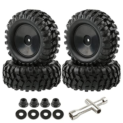 4pcs 1/10 Wheels and Tires with Lock Nuts Washers Wrench, 12mm Hex Hard Dish Wheel for Racing Off Road Buggy Truck Rock Crawler RC4WD Tamiya MST HSP CR12