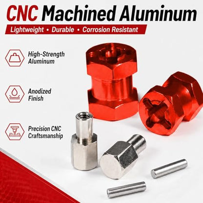 4PCS 12mm Hex Hub 15mm Aluminum Extension Hex for Axial SCX10 D90 90046 | 15mm CNC Wheel Hex Extenders for 1/10 RC Crawlers Redcat Gen7/Gen8 CC01 RC4WD Wider Stance & Tire Clearance with M4 Nuts Pins - color: Red
