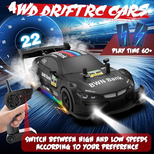 RC Drift Car 1:20 Scale Remote Control Cars 2.4GHz 4WD High Speed RTR Racing Vehicle with LED Lights 2 Rechargeable Batteries and Drifting Tires Racing Sport Toy Car for Adults Kids Boys Girls - color: Black-1