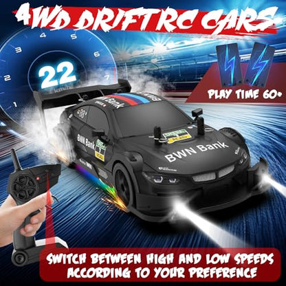 RC Drift Car 1:20 Scale Remote Control Cars 2.4GHz 4WD High Speed RTR Racing Vehicle with LED Lights 2 Rechargeable Batteries and Drifting Tires Racing Sport Toy Car for Adults Kids Boys Girls - color: Black-1