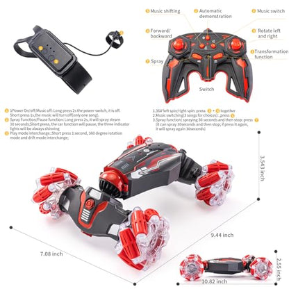 Gesture Sensor RC Stunt Car, RC Twist Car Toy for Kids 5-12 | Dual control: gesture watch + remote. 4WD all-terrain, 360° flip drift, light and music. Good birthday gift for the boy. - color: L-deep Red